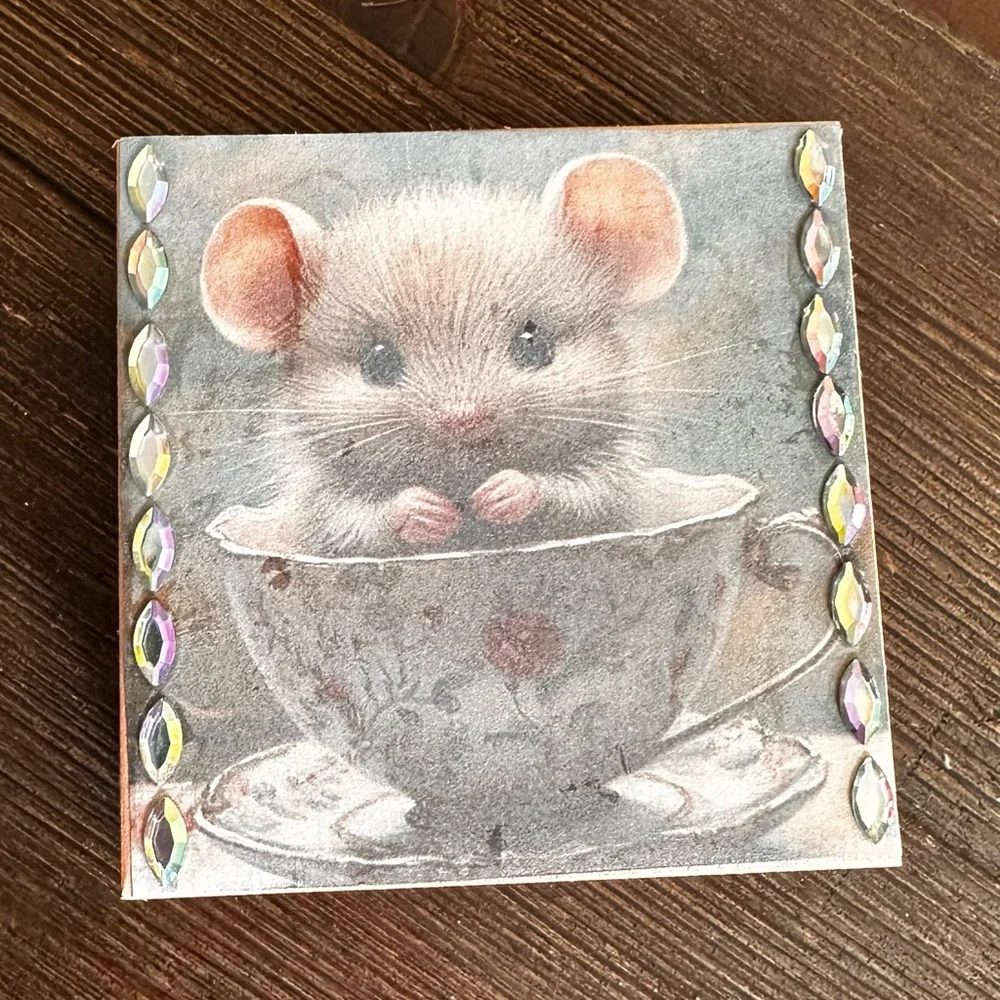 Hand crafted Mouse in Teacup Decorative wooden trinket box